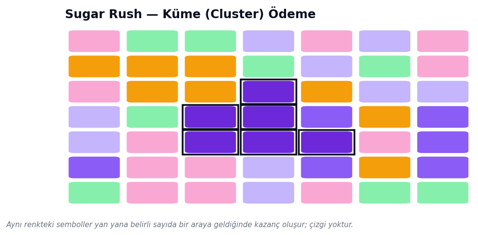 Sugar Rush: aynı renk semboller yan yana gelince kazanç oluşan küme (cluster) sistemi